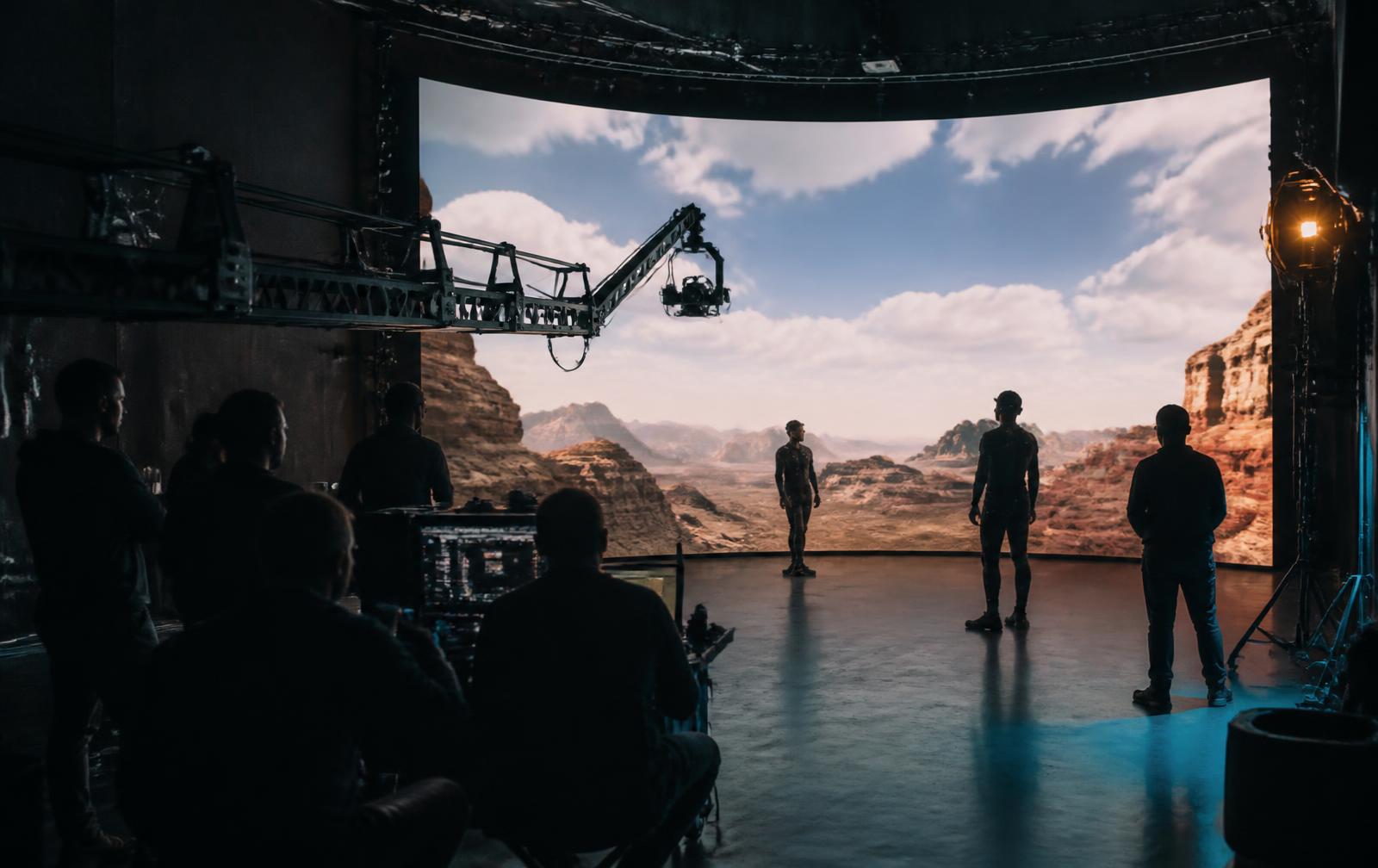 Placeholder imagery: crew on a virtual production stage in front of an LED volume