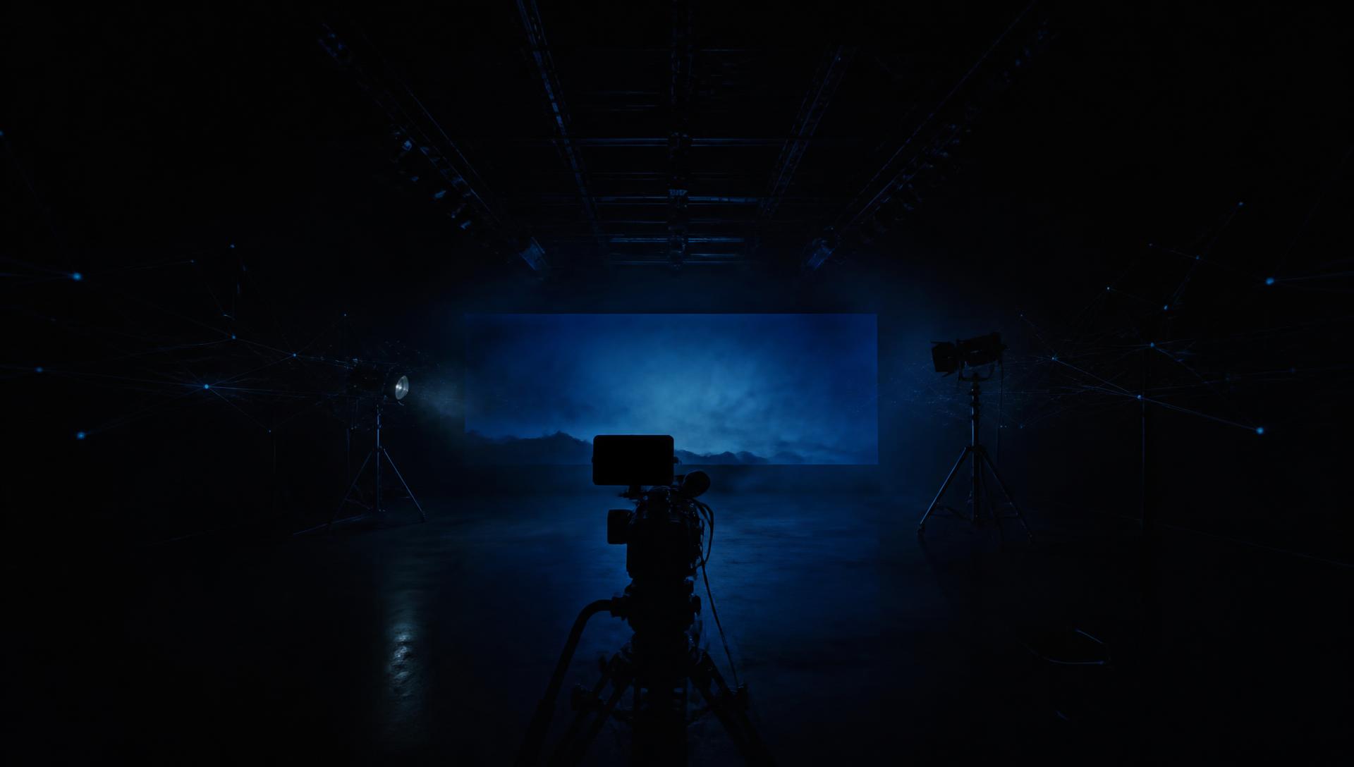 Dark soundstage with a camera silhouette and a faint digital network extending from the set